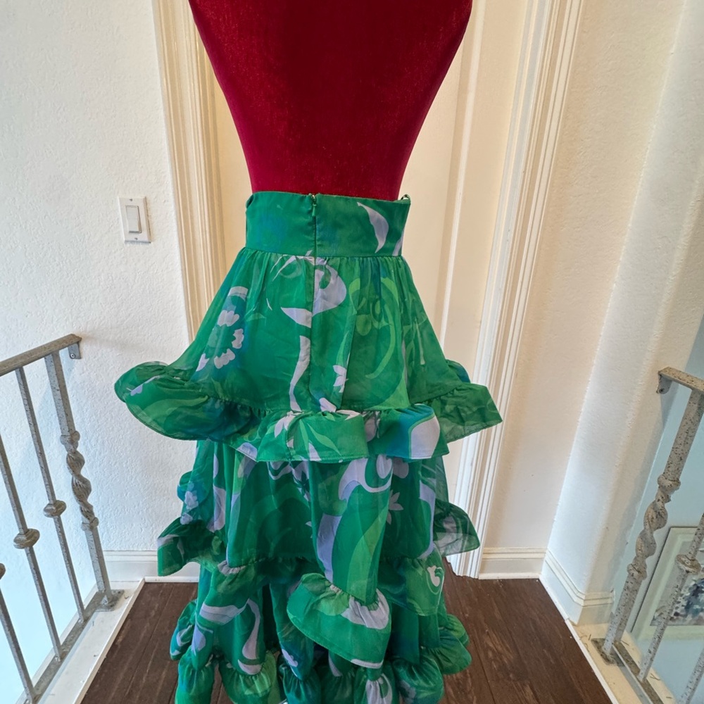 🦄 NWT Mac Duggal Sz 2 Printed Chiffon Green Floral A-Line Tiered Ruffle Skirt - Picture 8 of 16